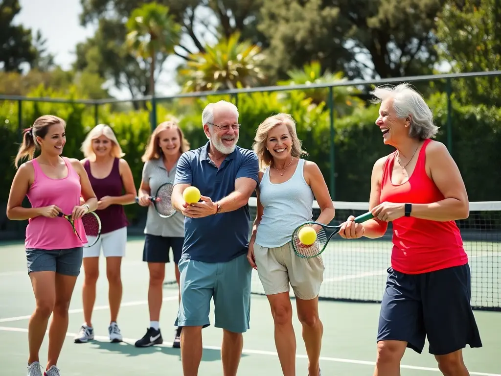 A group of adult players participating in a social tennis event, emphasizing the community aspect and enjoyment of the sport.